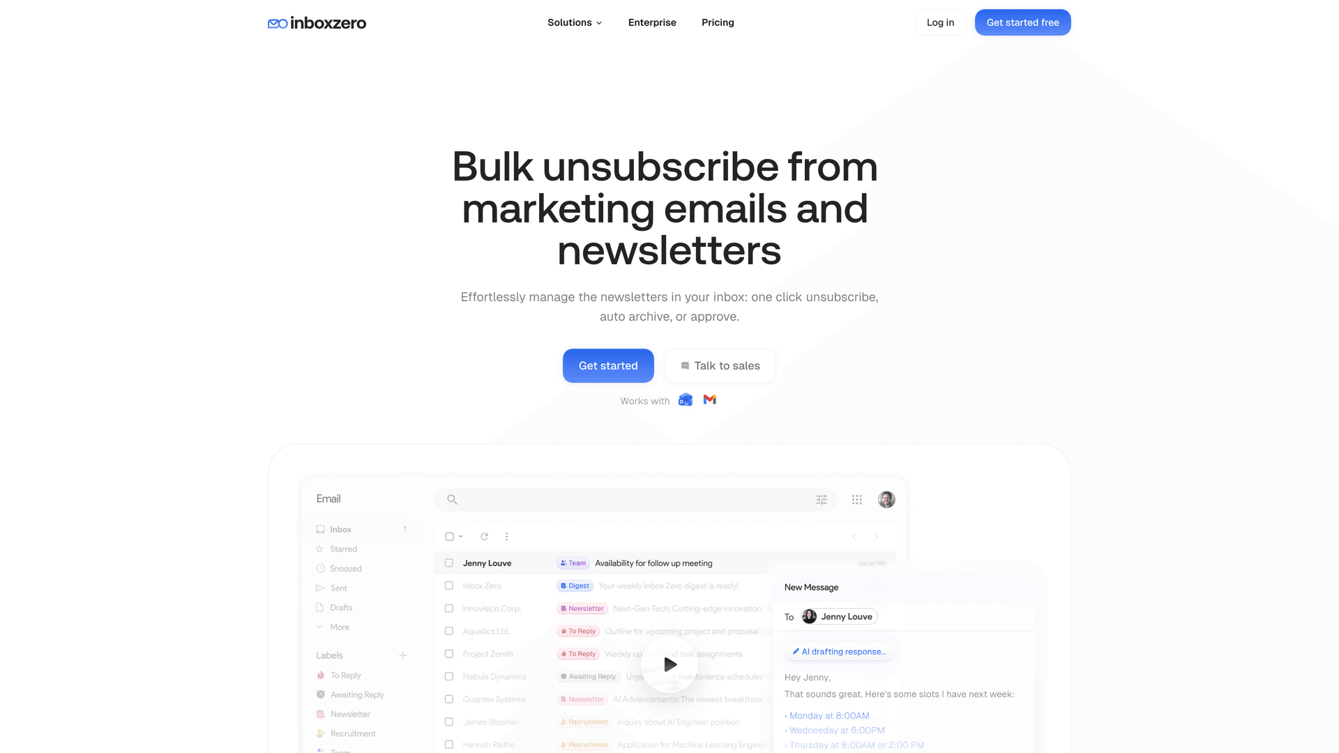 Inbox Zero Bulk Email Unsubscriber page showing one-click unsubscribe, auto-archive, and keep options for managing newsletter subscriptions